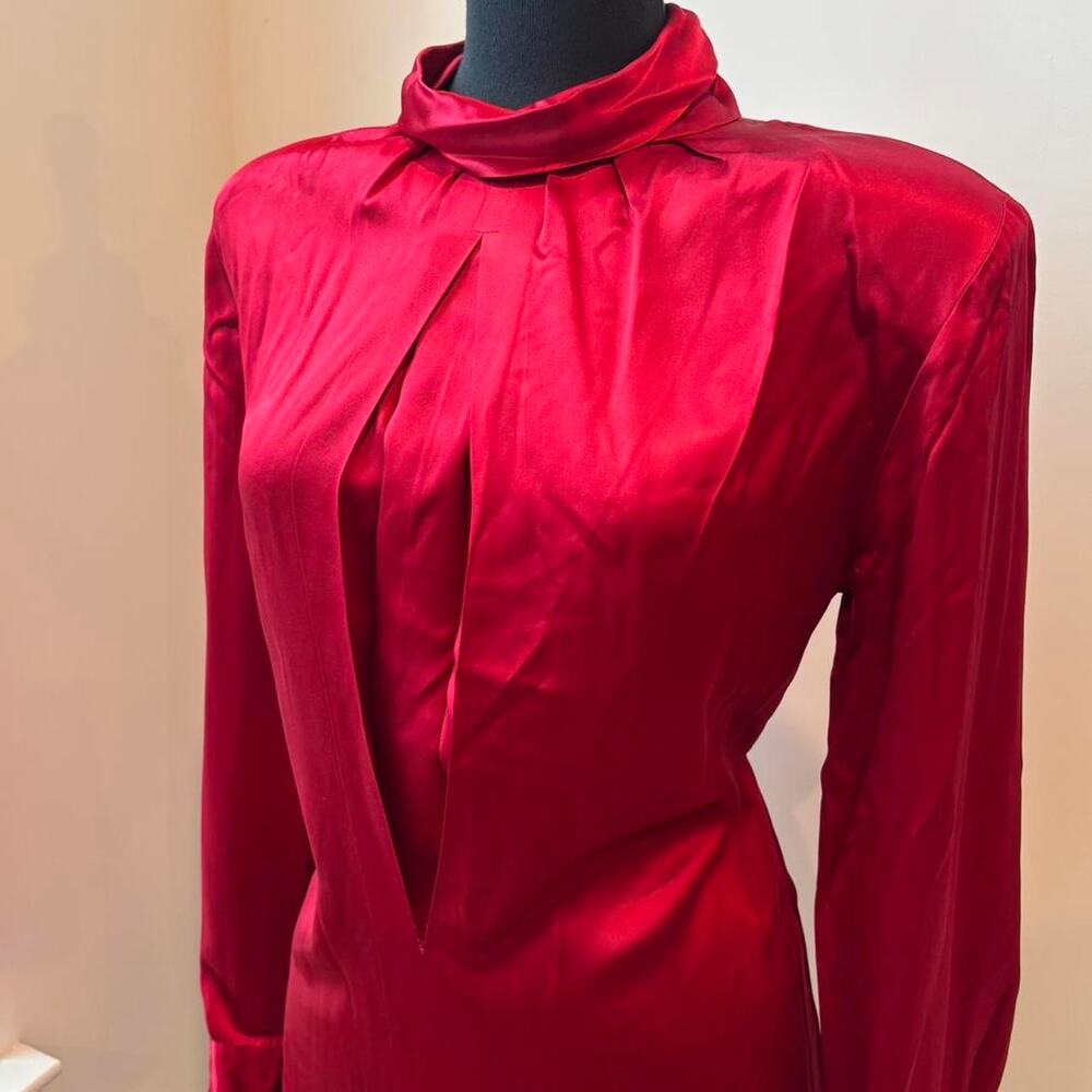 Geoffrey Alexander 100% Silk Red Ruffled Pleated Turtleneck Blouse Sz 12